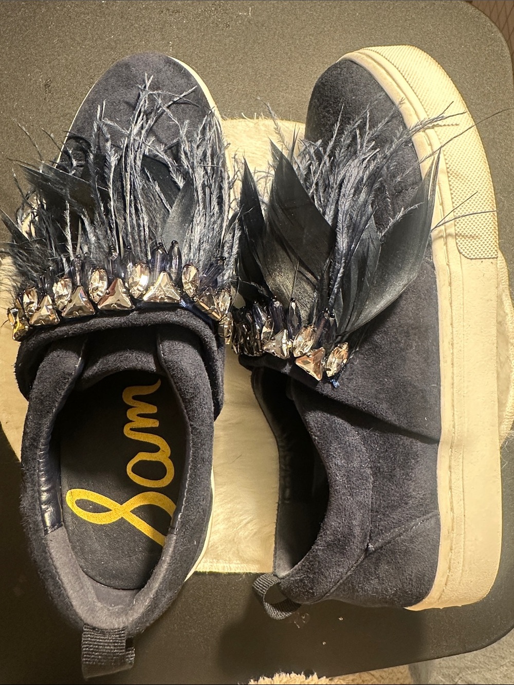 Sam Edelman Navy Feather & Jewel Slip-On Sneakers